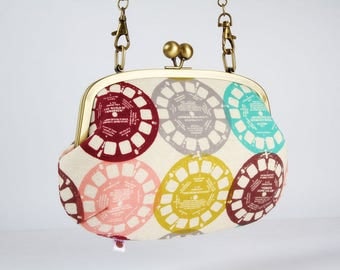 Metal frame purse with shoulder strap - Viewfinders in pastel - Swing purse / Japanese fabric / Melody Miller / Retro bag / pink yellow mint