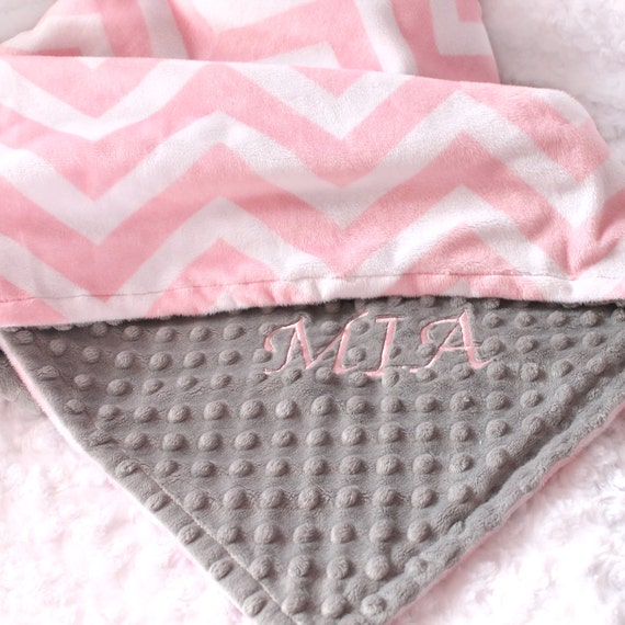 Personalized Baby Blanket For Girl / Minky Baby Blanket Girl, Gray Pink Chevron Blanket For Baby // Name Baby Blanket // Custom Blanket