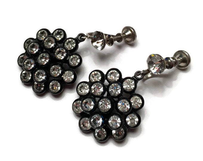 Black Dangle Cluster Rhinestone Earrings Clear Rhinestones Screw Back Vintage