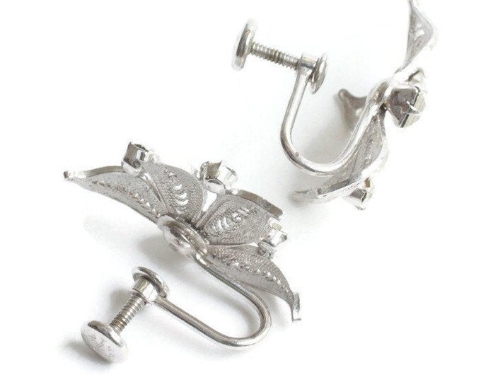 Sterling Filigree Earrings Clear Crystals Leaves Carl Art Signed Screw Back Vintage