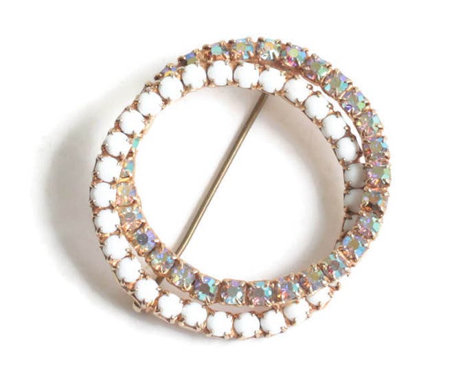 White Milk Glass and AB Rhinestone Circle Brooch Tara Vintage