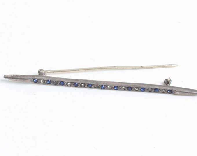 Antique Sterling Bar Pin Blue and Clear Paste Stones Signed ALLCO