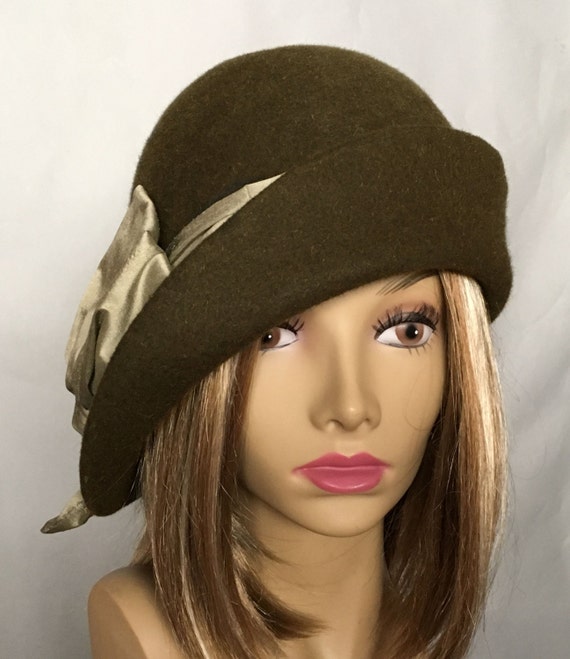 Ashley Fur Felt Cloche side drape millinery hat with silk