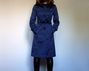 Trench Coat Women Vintage 70s Blue Jacket Fall Fitted Coat 1970s - Extra Small to Small XS S