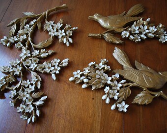 Pair of Birds and Dogwood Branch Wall Decor - White on Gold Guild - 1967 - Dart Ind. - Woodland - Farmhouse - Cottage Chic