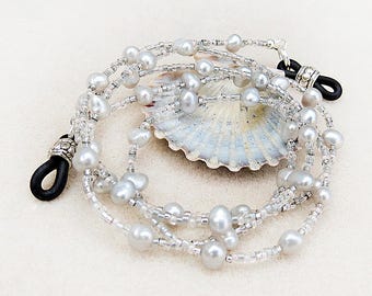 Silver Pearl Eyeglass Chain, Silver Gray Freshwater Pearls, Beaded, Classic, Lightweight, Handmade Eyeglasses Necklace Jewelry for Women