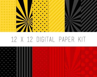 Digital Paper Kit, Digital Scrapbook, Pattern Paper, Instant Download, Scrapbooking Supply, scrapbook paper, Black, yellow, Batman, red