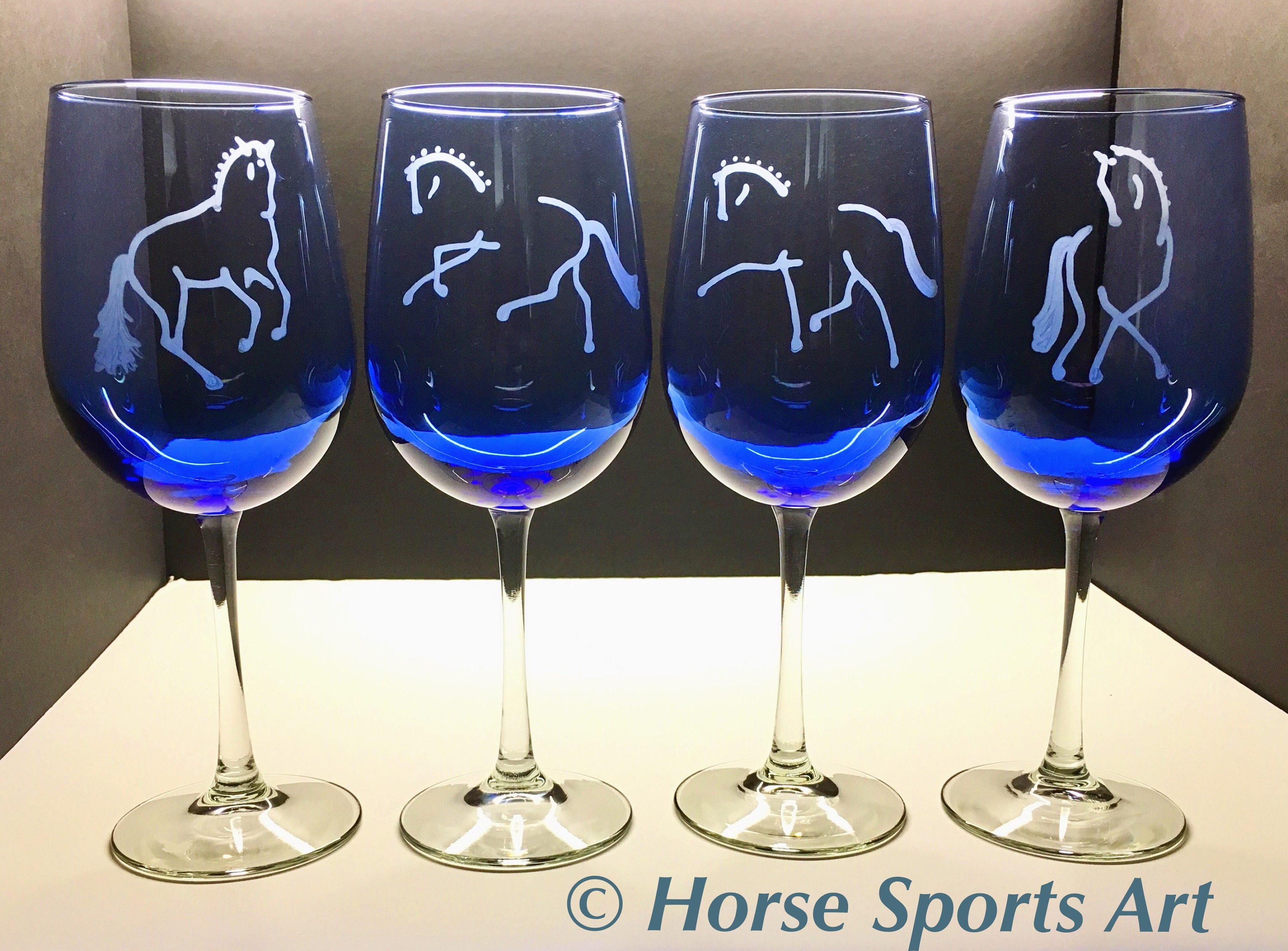 4 DRESSAGE HORSE Wine Glasses Hand Etched with 4 Different