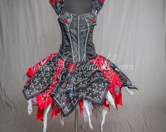 READY TO SHIP Size large Black and red day of the dead bandana Corset costume with witch hat