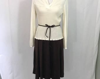 Vintage 1970s Secretary Pleated Peplum Dress M