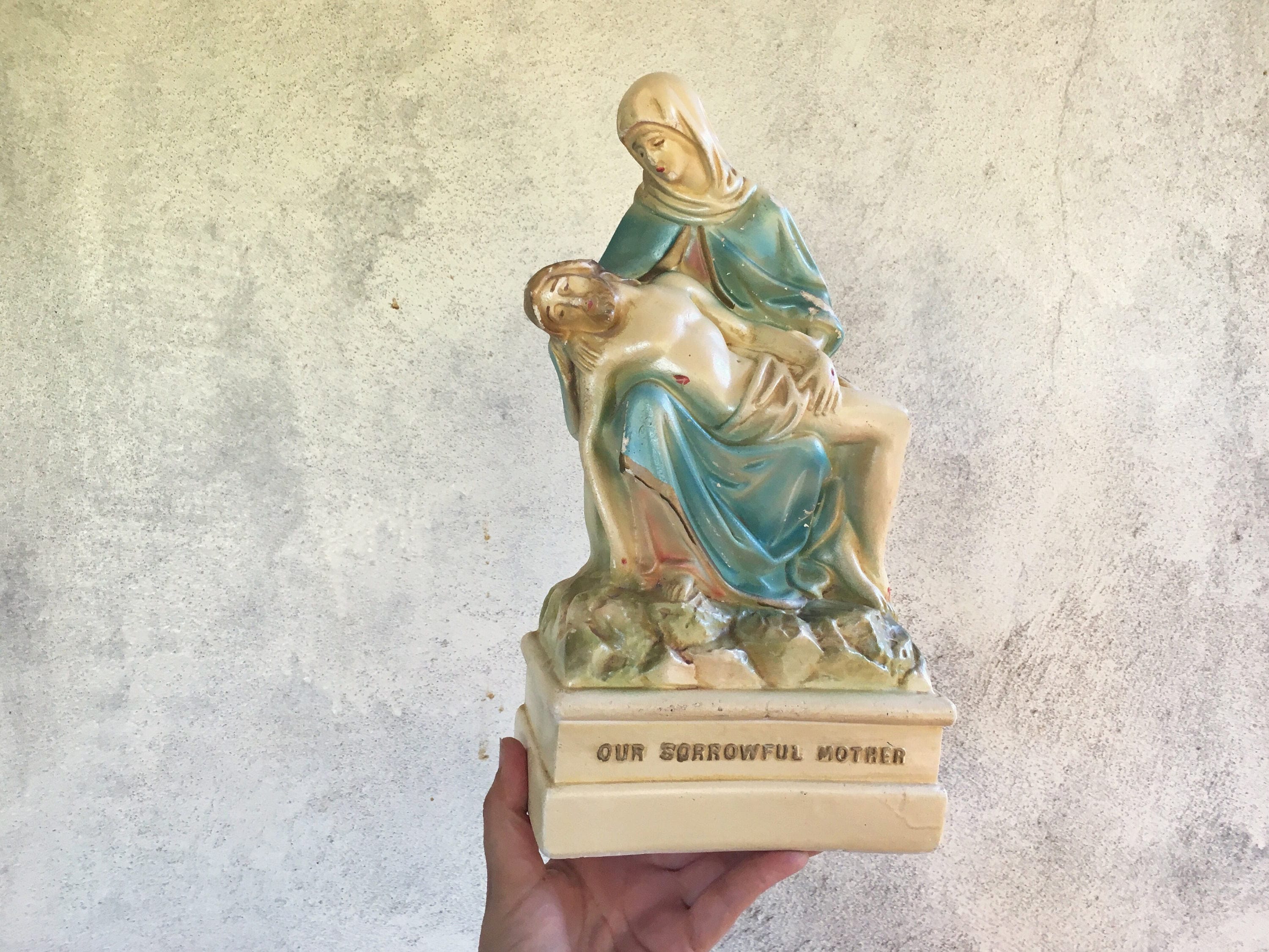 Vintage Catholic Statues of Mary and Jesus after Crucifixion, Chalkware