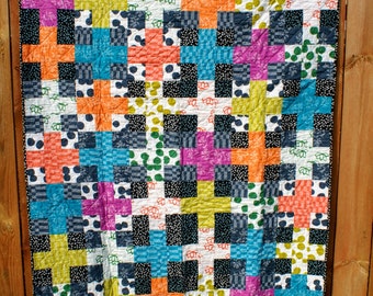 Gender Neutral Bright Baby Baby Quilt, Lap Quilt, Modern Quilt with Lotta Jansdotter Fabrics