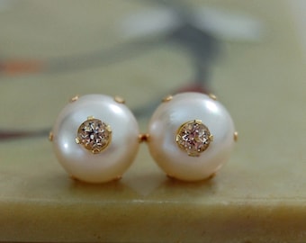 Aida - OOAK 8.5mm soft white Akoya pearl stud earrings with 3mm faceted white sapphire insets, set in solid 14kt gold, post earrings, women