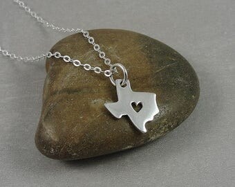 Tiny Texas Heart Necklace, Sterling Silver State of Texas Charm on a Silver Cable Chain