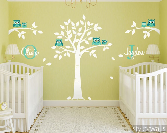 Owls Wall Decal, Owls and Tree Wall Decal for Twins Nursery, Tree with Owls Wall Sticker, Personalized Custom Name and Initial Wall Decal