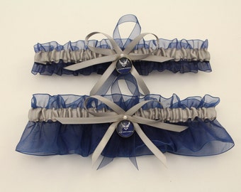 Navy Blue and Silver Wedding Garter Set with Air Force Deco, Bridal Garter, Prom Garter (Your Choice, Single or Set)