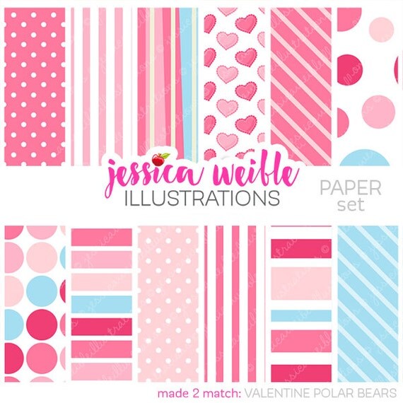 Valentine Polar Bears Cute Digital Papers Backgrounds - Commercial Use Ok - Valentine Papers, Heart Backgrounds Il_570xn