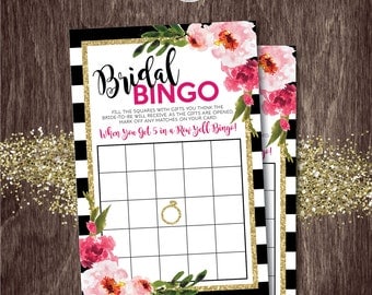 BRIDAL BINGO Card Black Stripe Gold Glitter Floral Kate -- Bridal Shower -- Instant Download