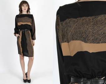 Party Dress Silk Dress Black Dress Cocktail Dress Striped Dress Vintage 80s Dress Tan Striped Draped Boho Evening Dress Mini Dress M