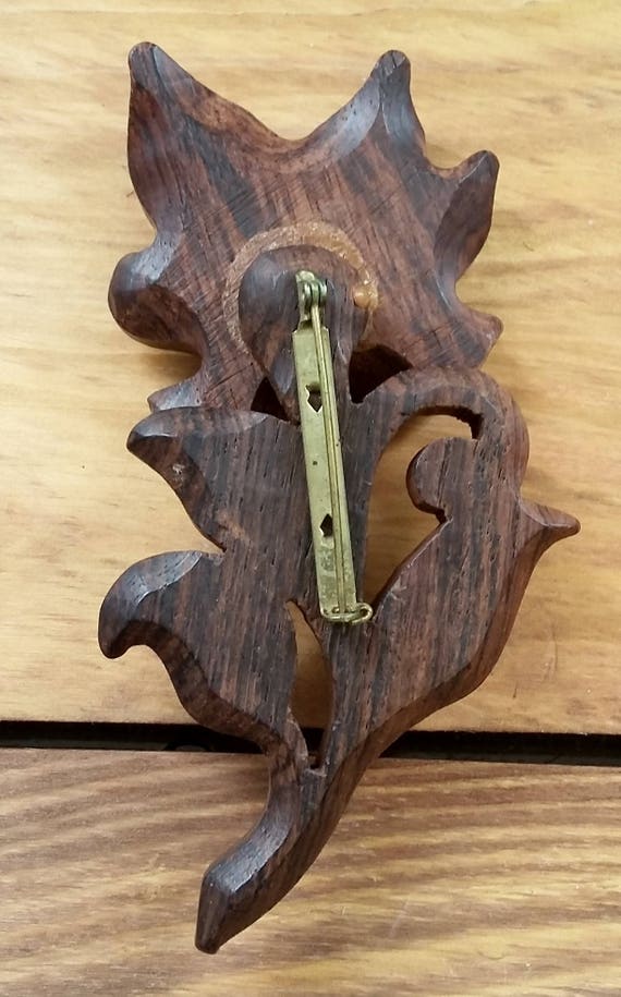 Vintage brooch huge carved wood flower with aqua sprinkle Vintage brooch huge carved wood flower with aqua sprinkle