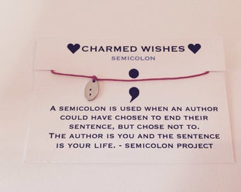 Semicolon bracelet, Semi colon jewellery, Inspirational gift, Semicolon wish bracelet, Life is Beautiful gift, Hope gift, cord bracelet