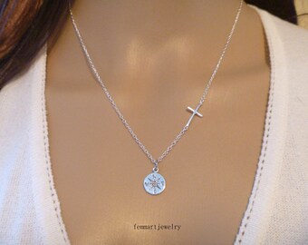 Graduation Gift - Sideways Cross Necklace - Compass Necklace - BFF Gift - Travel Jewelry - Enjoy the journey - Sister Gift - Goodluck