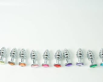 Mature Ribbed Stainless Steel Jeweled Butt Plug Anal Play BDSM Kink Sex Toys