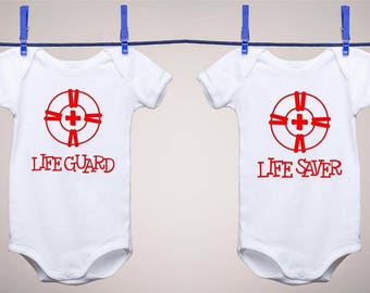 Lifeguard, onesie, bodysuit, lifesaver, twins, siblings, baby clothing, childrens clothing, shirt