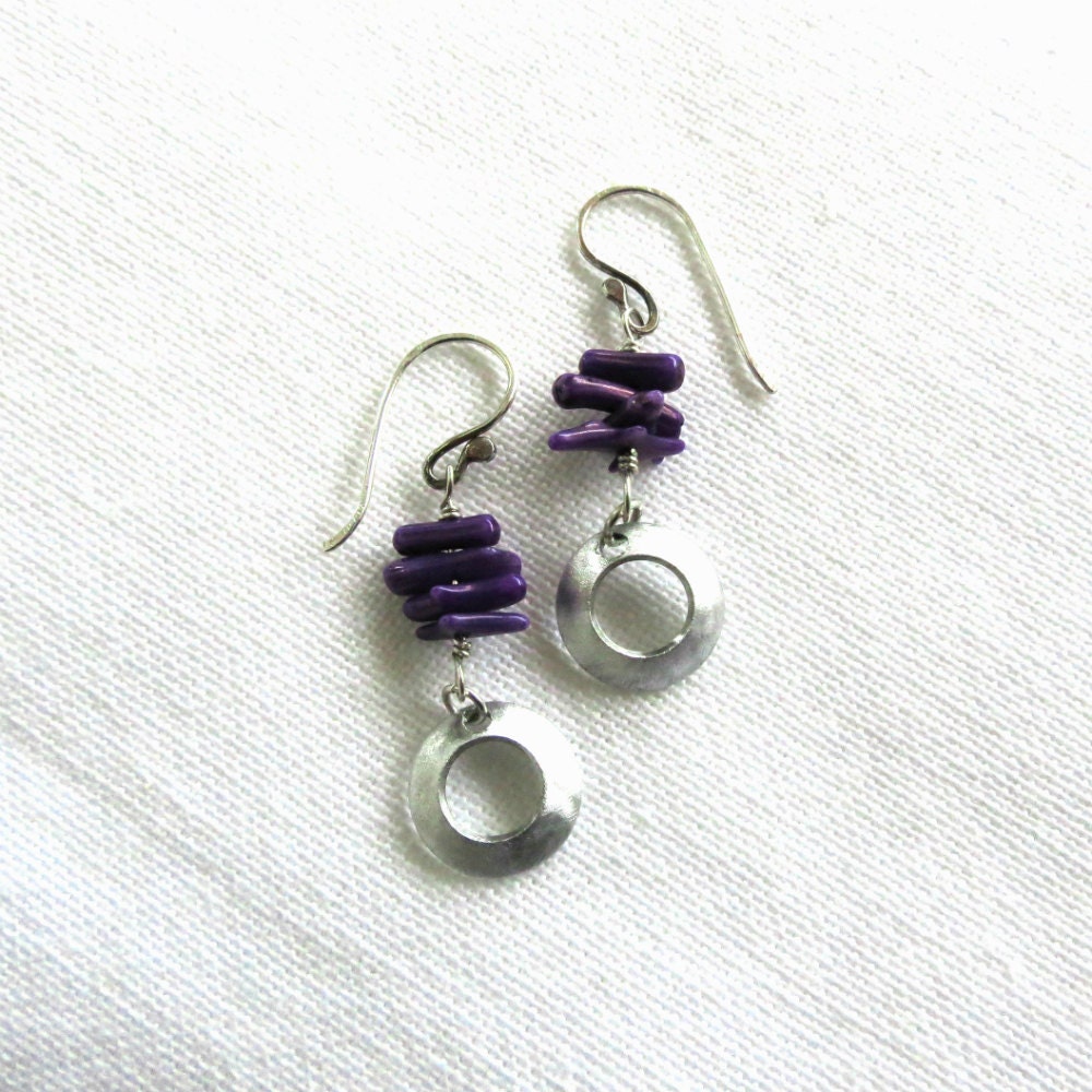 silver earrings with purple coral