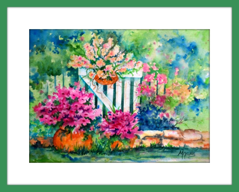 Watercolor of Garden Flowers and White Picket Fence Martha