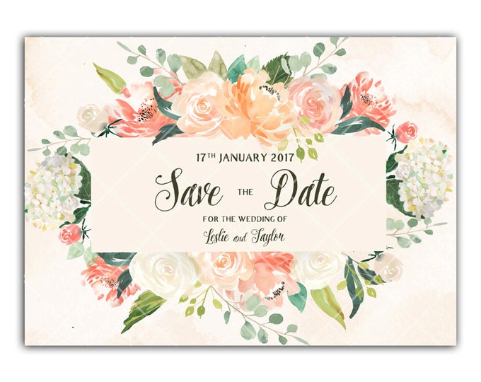 Printable Save the Date Wedding Invitation, Floral Wedding in Peaches and Cream, DIY Wedding, Print Your Own