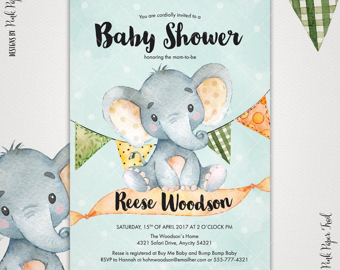 Boy Elephant Baby Shower Invitation, Boy Baby Shower Invitation, Jungle Safari Baby Shower Printable Invitation