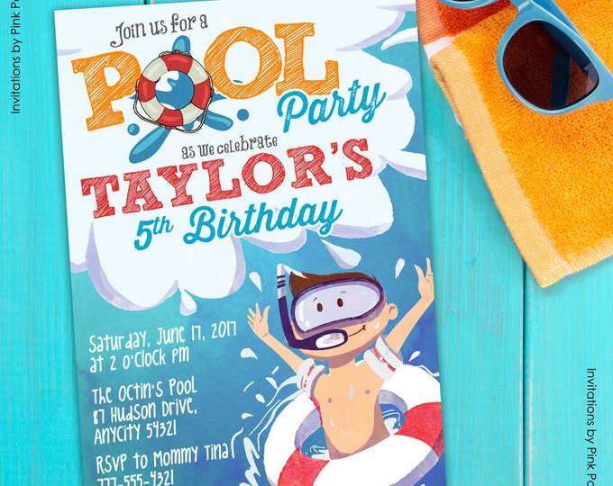 Pool Party Birthday Invitation, Swimming Party, Summer Birthday, Birthday Boy Party Ideas, Shark Party, Printable Invitation