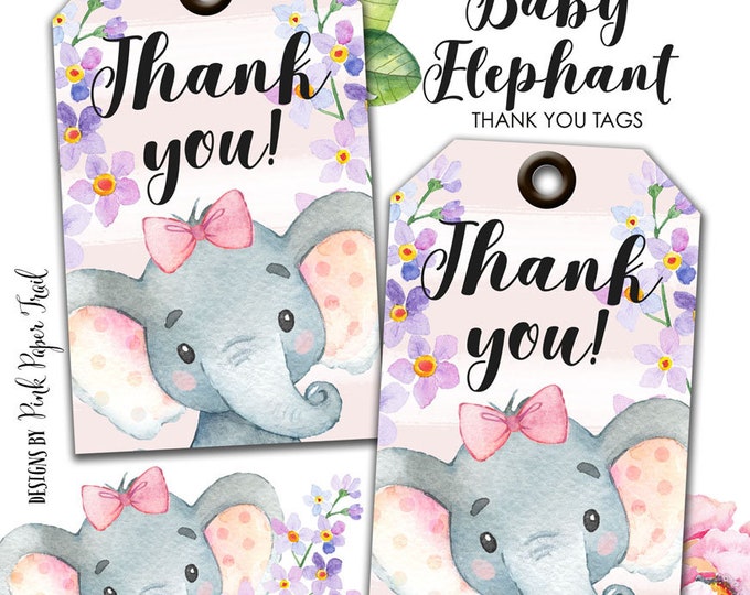 Cute Baby Elephant Printable Party Favor Thank You Tags, Instant Download Party Tags