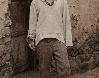 Handwoven Wool Men Straight Pants ~ Brown