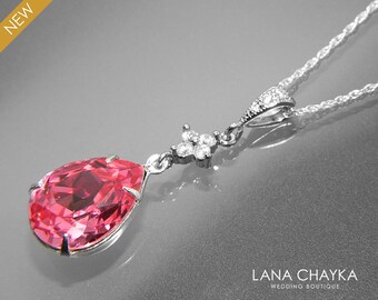 Pink Crystal Necklace Rose Pink Teardrop Sterling Silver Necklace Swarovski Pink Rhinestone CZ Necklace Bridal Pink Jewelry Wedding Jewelry