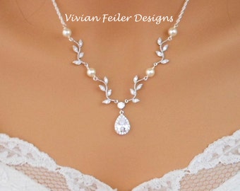 Wedding Necklace VINE Bridal Necklace Cubic Zirconia Y White or Ivory PEARLS Sterling Silver