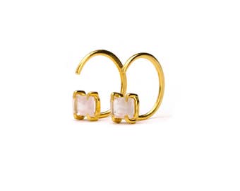 Rose Quartz Hug Hoops, Sterling Silver, Gold Plated, Birthstone Hugging Earrings, Open Hoops, Minimalist Jewelry, Hand Made Gift, EAR145RQZ