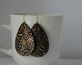 Bronze Brown Lace Leather Drop Teardrop Earrings