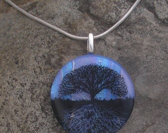 Tree of Life Necklace Dichroic Fused Glass Blue Tree Pendant
