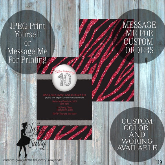 Zebra Birthday Party Inviation, Pink Glitter Party Invitation, Zebra Print Party Inviation, Tween Birthday invite 119