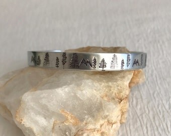 Thin Mountain Forest Stamped Bracelet, adjustable cuff silver aluminum mountains tree climbing hiking camping woman gift gifts for her