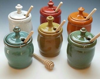 NEW Honey Pot, (FREE POTTERY Gift with order!) Handmade Ceramic Honey Jar and Dipper, (several available colors)