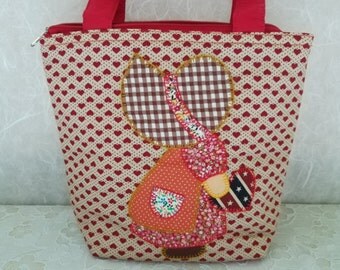 Cotton small handbag, Cosmetic Sue bag, Short handle quilted bag, Patchwork handbag, Fabric Applique handbag, Fabric handbag