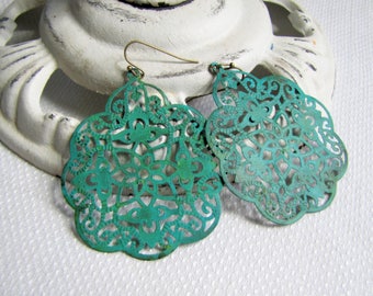 Lacey Filigree Earrings Verdigris Earrings Patina Filigree Earrings Patina Earrings Summer Beach Jewelry Turquoise Earrings Boho Jewelry