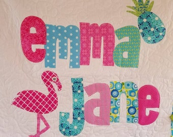 The Original Personalized Quilt 40 x 40, Baby Quilt, Raw Edge Applique Quilt, Name Quilt CC4040