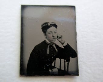antique miniature gem tintype photo - 1800s, woman with pensive pose