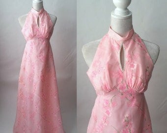 Vintage Pink Dress, Pink Maxi Dress, 1970 Pink Halter Dress, Vintage Halter Dress, 70s Pink Chiffon Dress, 70s Vintage Dress, 70s Boho Maxi