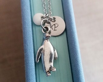 Initial Necklace. Silver Penguin Necklace. Personalized Gift. Hand Stamped. Monogram Necklace. Winter Jewelry