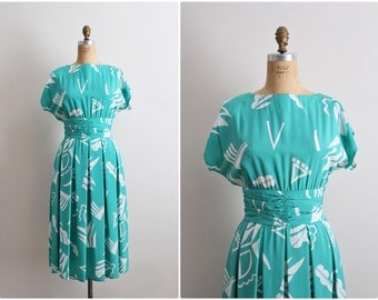 80s Geometric Day Dress / 1980s does 1950s Dress / Size S/M